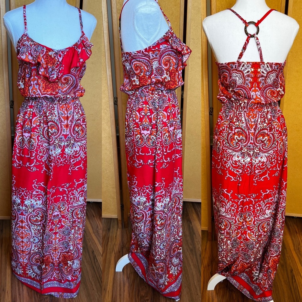Swell red boho print maxi dress (S) 100% rayon unlined with adj spaghetti straps